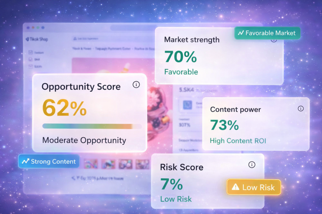 Delzonic product opportunity score analyzing TikTok Shop demand, competition, and product risk
