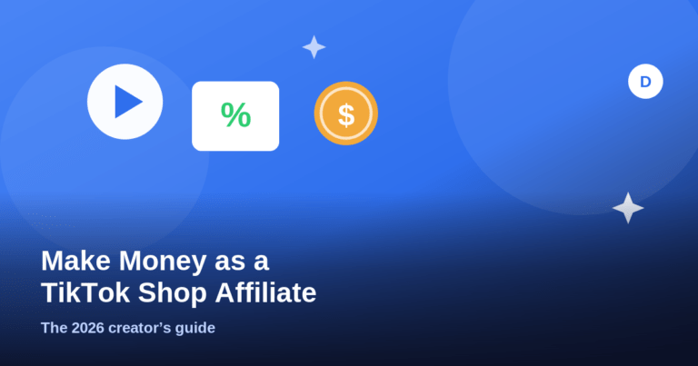 Illustration of a play button, percent commission card, and dollar coin representing TikTok Shop affiliate earnings