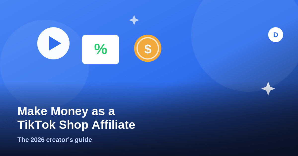 Illustration of a play button, percent commission card, and dollar coin representing TikTok Shop affiliate earnings