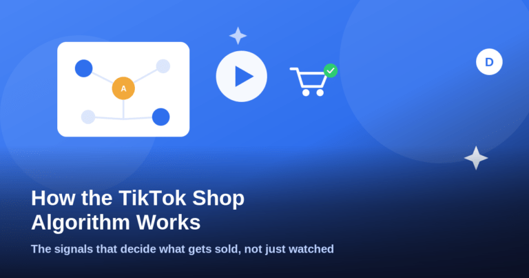 Illustration of a network signal diagram with a play button and shopping cart representing the TikTok Shop algorithm