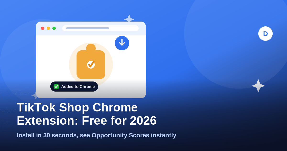 TikTok Shop Chrome extension icon with browser mockup and install badge