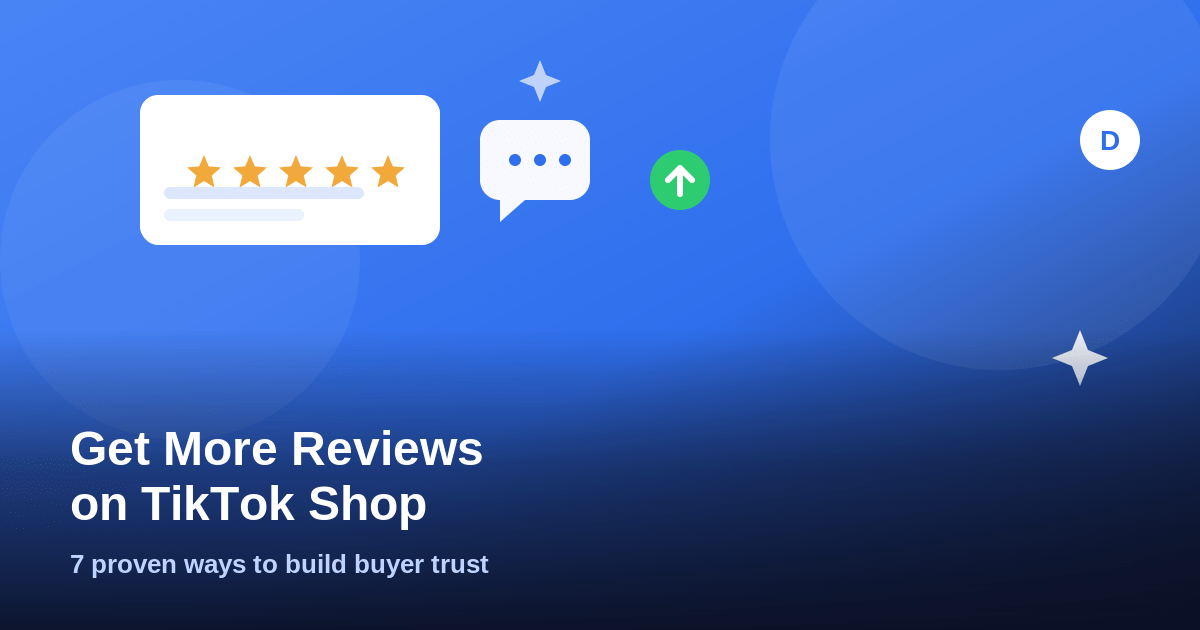 Illustration of a five-star review card with a chat bubble and upward arrow for getting more TikTok Shop reviews