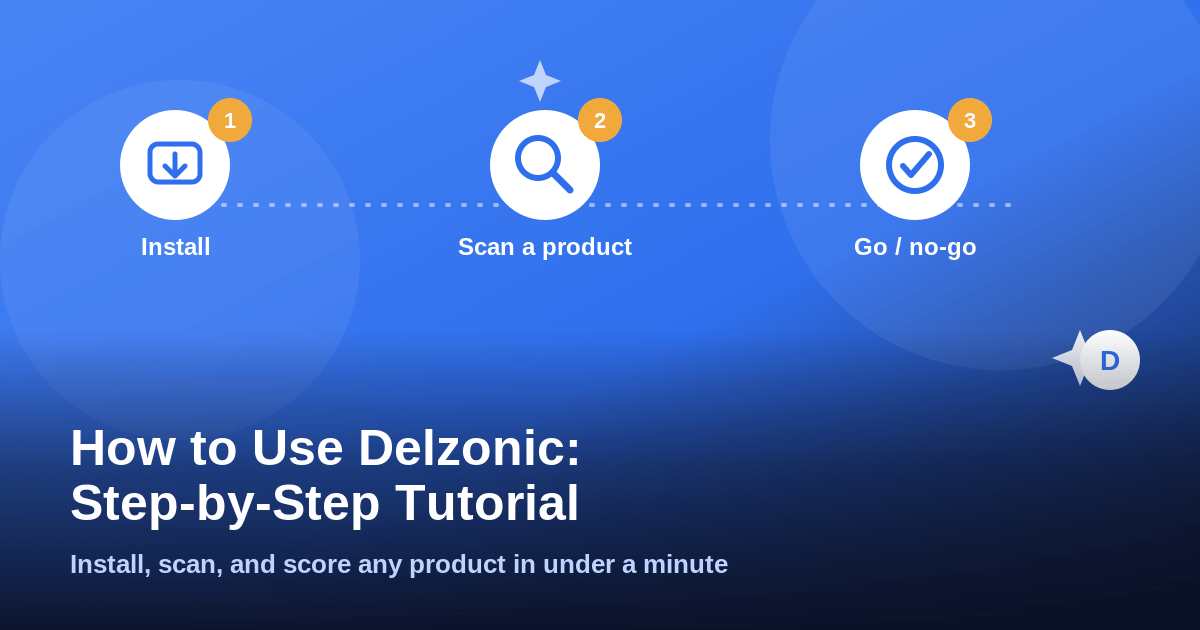 Step-by-step icon composition showing install, scan, and go/no-go decision for using Delzonic