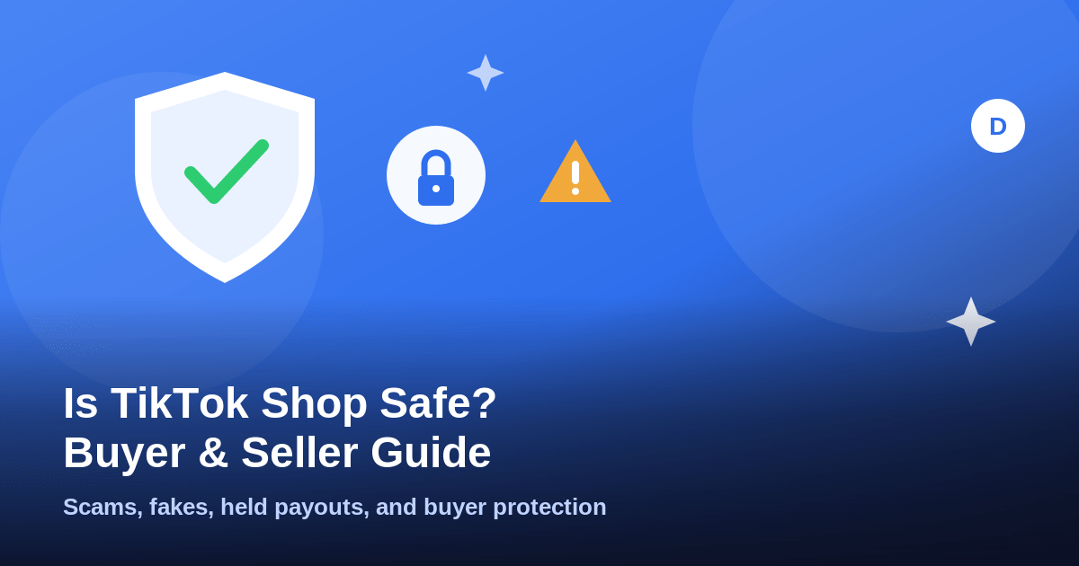 Illustration of a shield with checkmark, lock, and warning icons representing TikTok Shop safety for buyers and sellers
