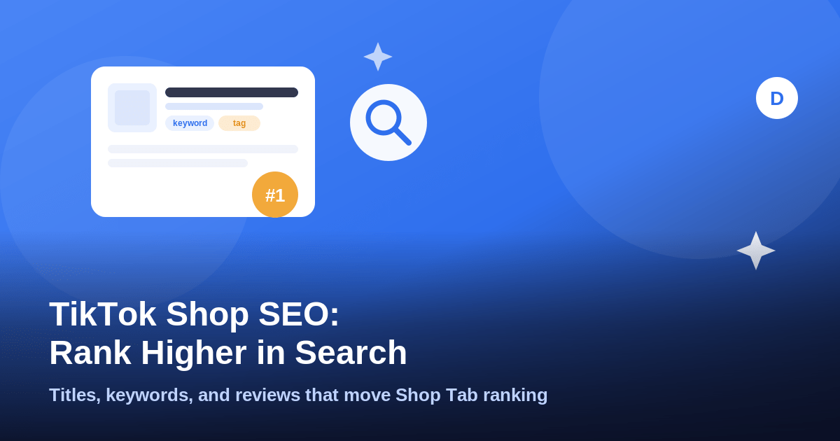 TikTok Shop product listing card with keyword tags and a number one search rank badge