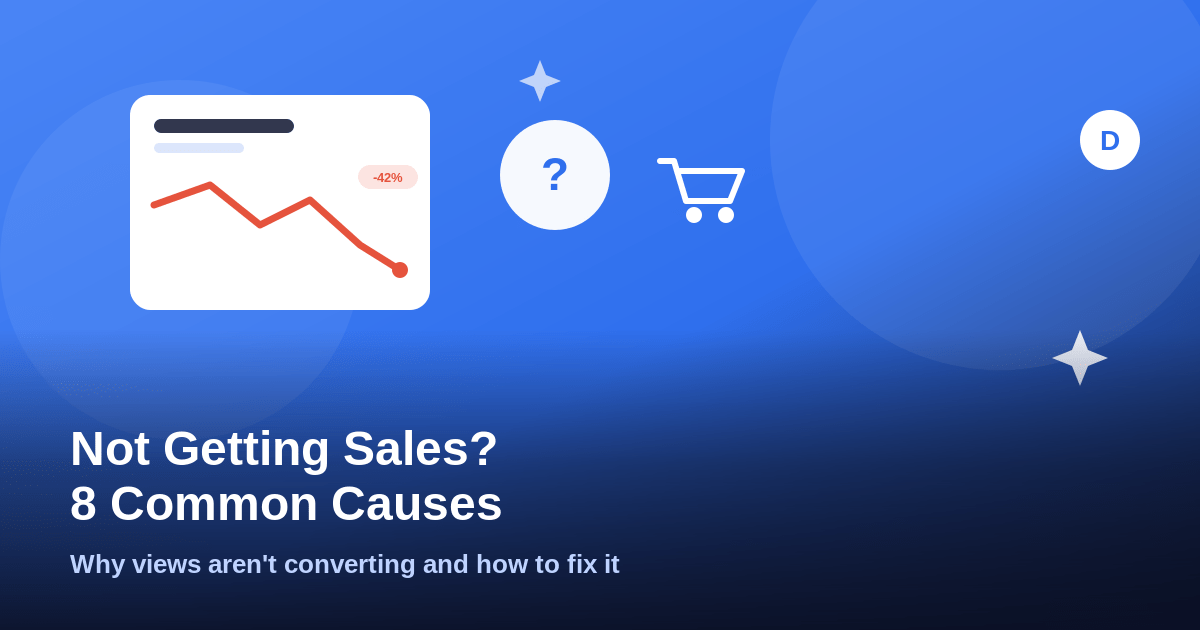 Illustration of a declining sales chart, magnifying glass, and empty shopping cart representing a TikTok Shop with no sales