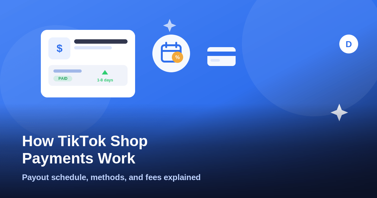 Illustration of a TikTok Shop payout card with a calendar and percentage badge showing settlement speed