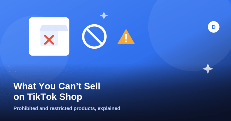 Illustration of a boxed product with an X, a no-entry sign, and a warning triangle for TikTok Shop prohibited products