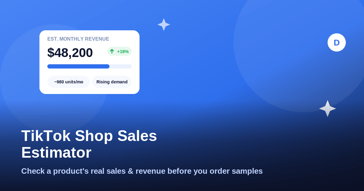 TikTok Shop sales estimator stat card showing monthly revenue, growth, and demand chips