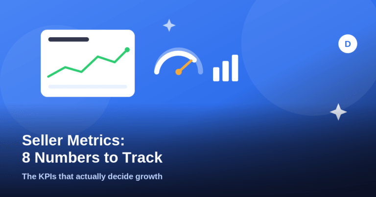 Illustration of an analytics chart card, a gauge, and a bar chart representing TikTok Shop seller metrics