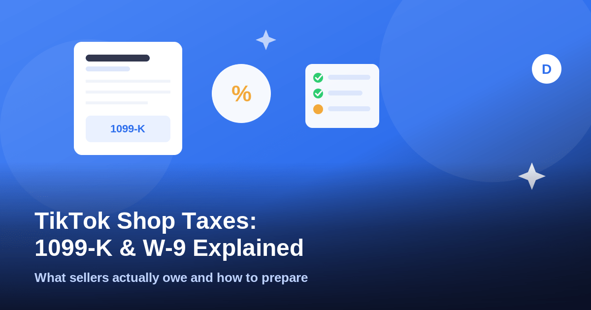 Illustration of a 1099-K tax document with a checklist card and percentage badge for TikTok Shop taxes