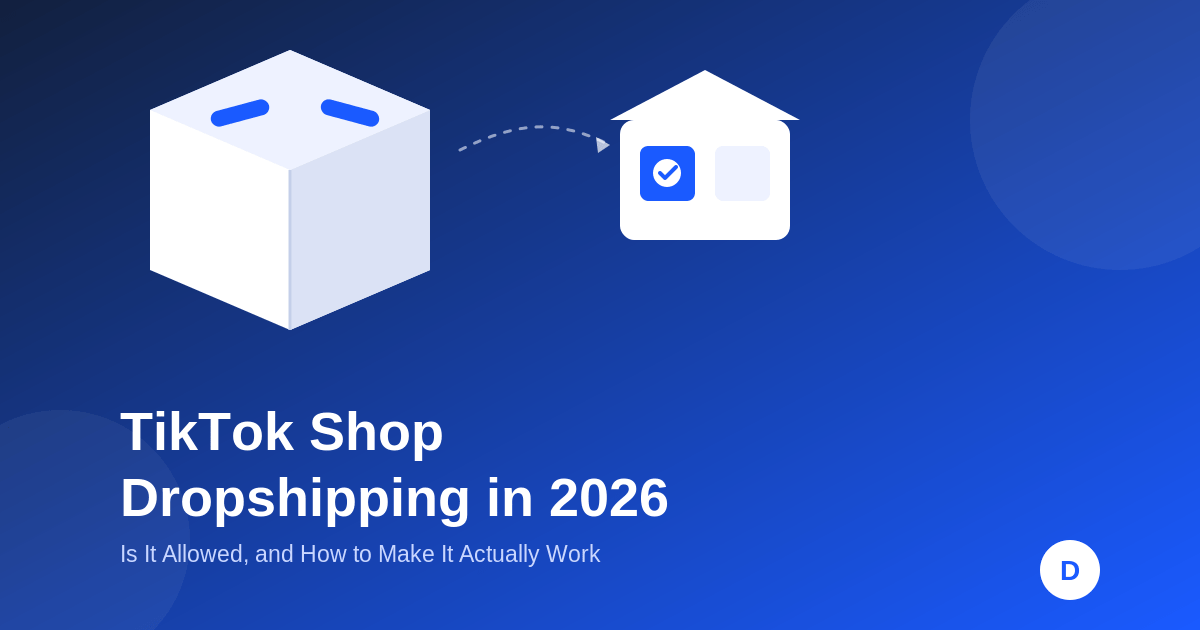TikTok Shop dropshipping illustration showing a shipping box routed to a storefront without holding inventory