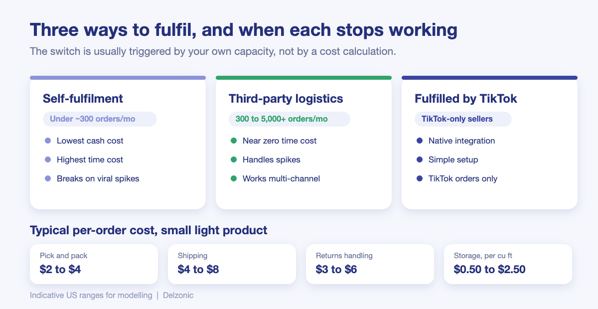 Comparison of self-fulfilment, third-party logistics and Fulfilled by TikTok with typical per-order costs