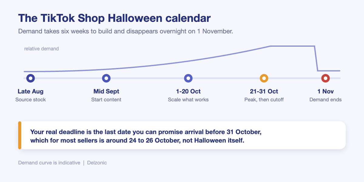 TikTok Shop Halloween selling calendar showing demand building from mid September and ending on 1 November