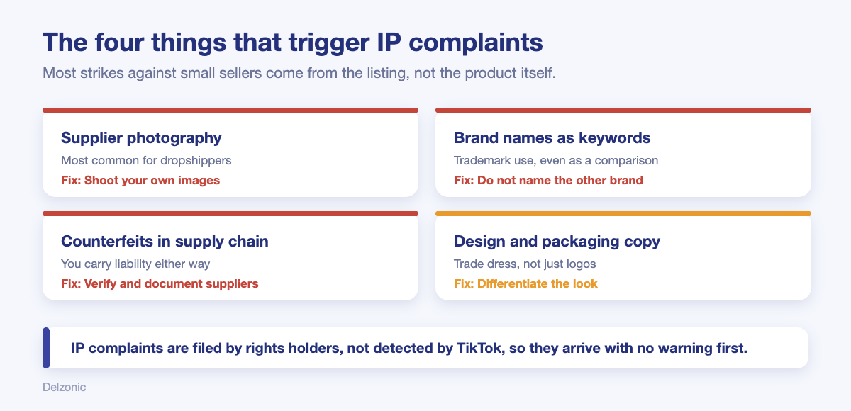 The four things that trigger TikTok Shop IP complaints: supplier photography, brand keywords, counterfeits and packaging copy