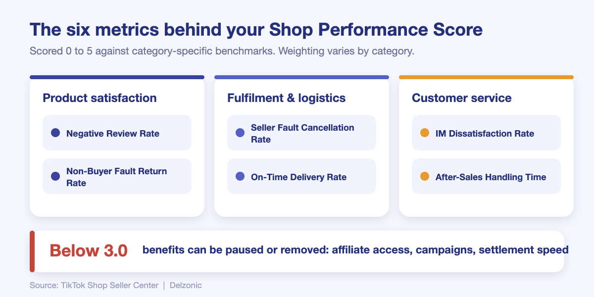 The six TikTok Shop Performance Score metrics grouped into product satisfaction, fulfilment and customer service