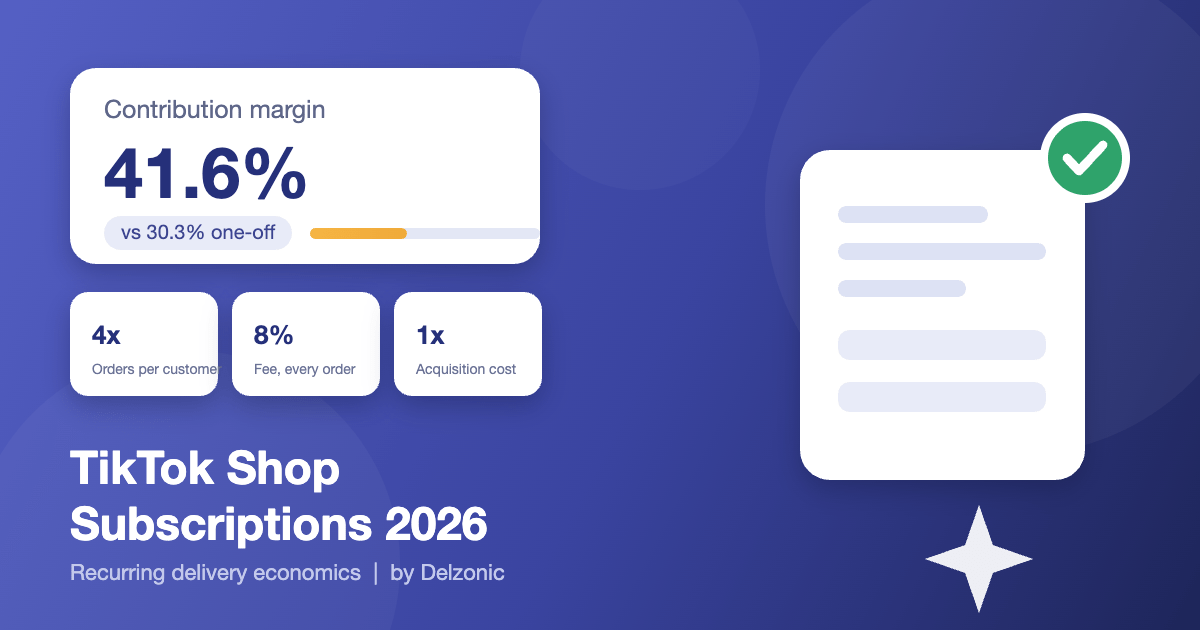 TikTok Shop subscriptions 2026 cover showing 41.6% contribution margin versus 30.3% on a one-off purchase