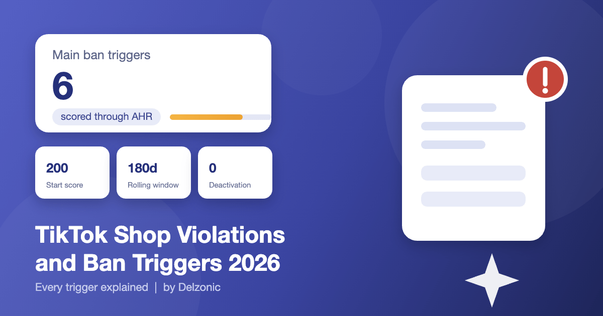 TikTok Shop violations and ban triggers 2026 cover showing the six main triggers scored through Account Health Rating